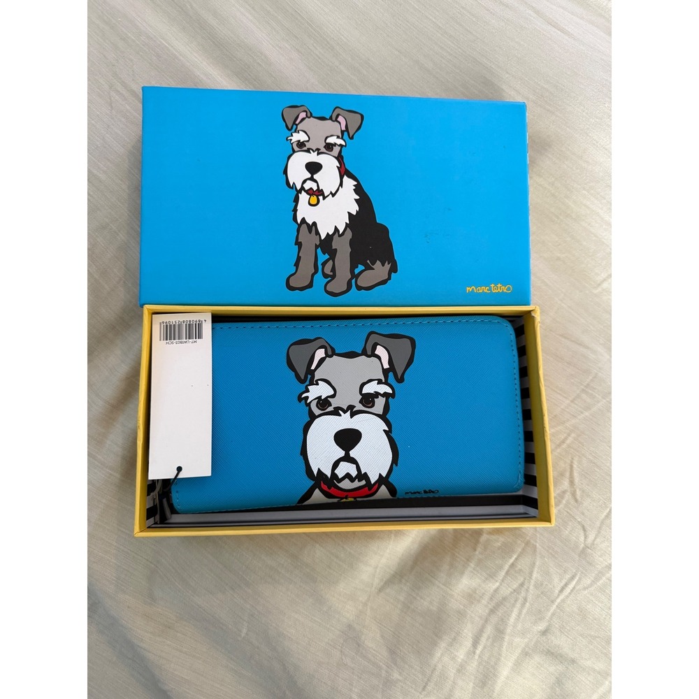Marc Tetro Schnauzer Zip Around Wallet Blue Dog‎ Print Vegan Leather NWT